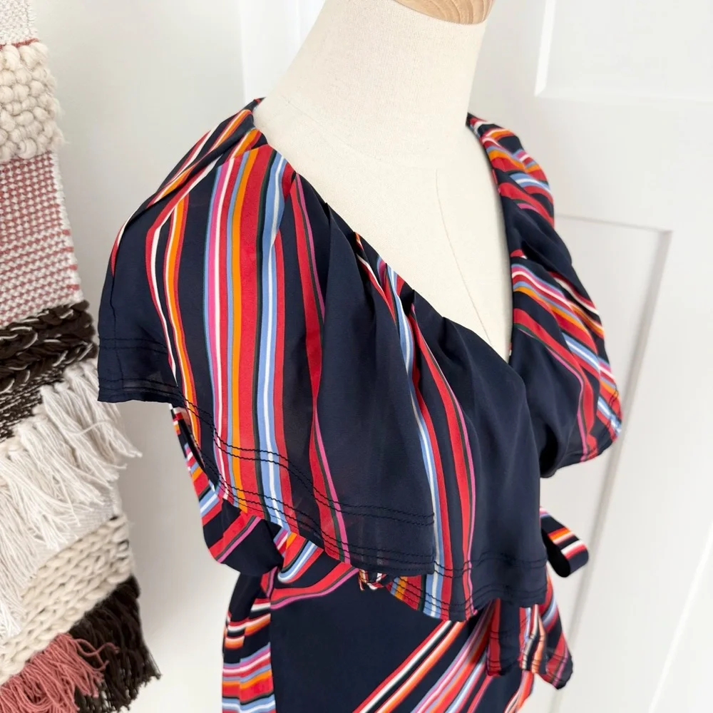 Tory Burch Amelia Navy Blue Multicolor Stripe Ruffled Wrap Blouse Top Sz 8